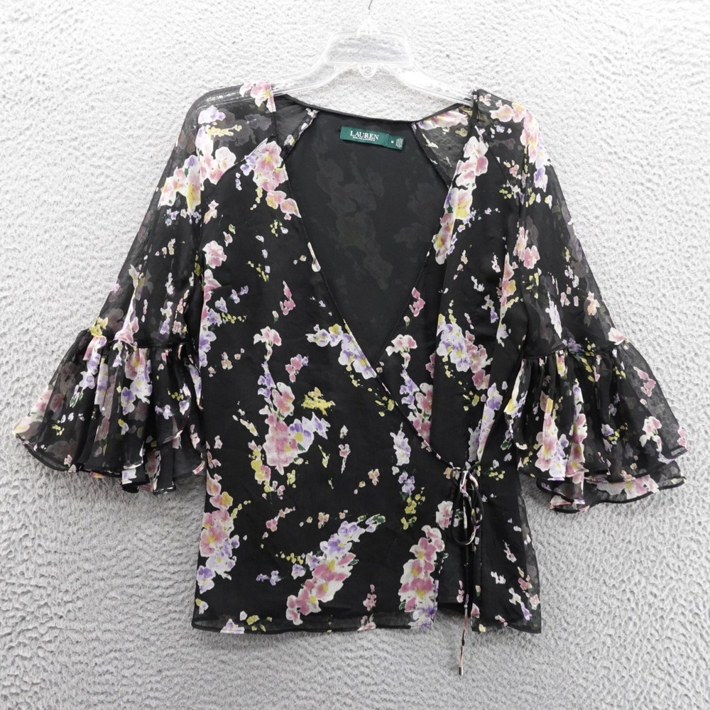 Lauren Ralph Lauren Womens Medium Black Floral Ruffle Bell Sleeve Wrap Top
